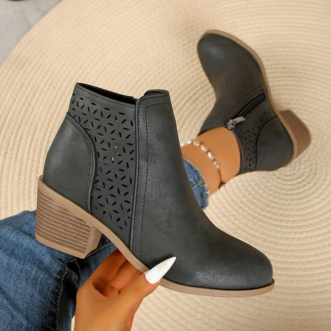 Women's Laser-Cut Breathable Orthopedic Block-Heel Ankle Boots - Black