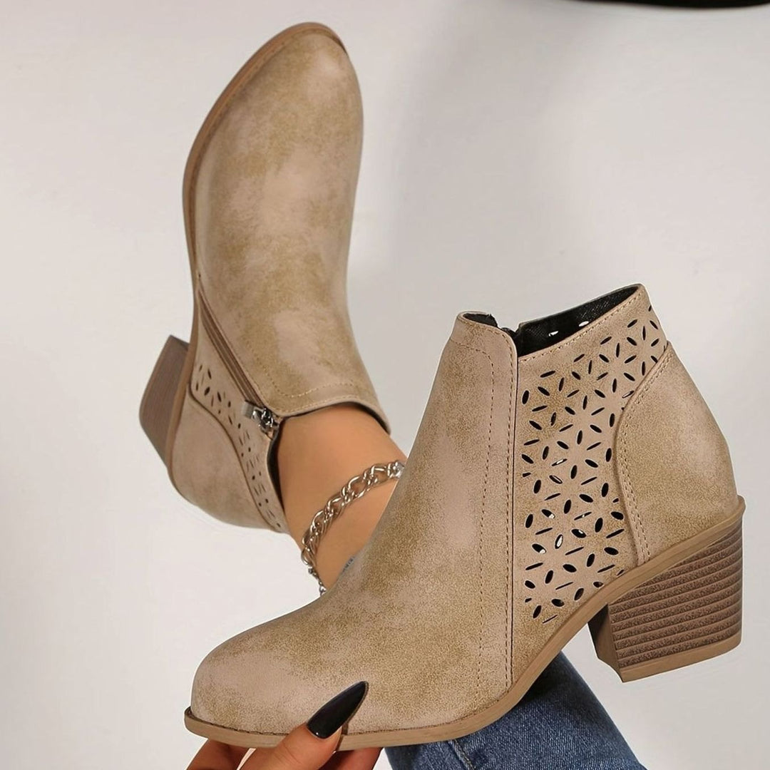 Women's Laser-Cut Breathable Orthopedic Block-Heel Ankle Boots - Beige