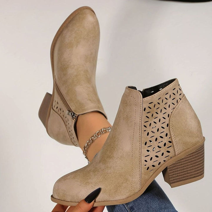 Women's Laser-Cut Breathable Orthopedic Block-Heel Ankle Boots - Beige