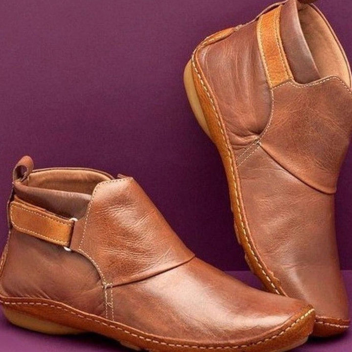 Women's Leather Ankle Boots Adjustable Strap Flat Sole - Caramel Brown