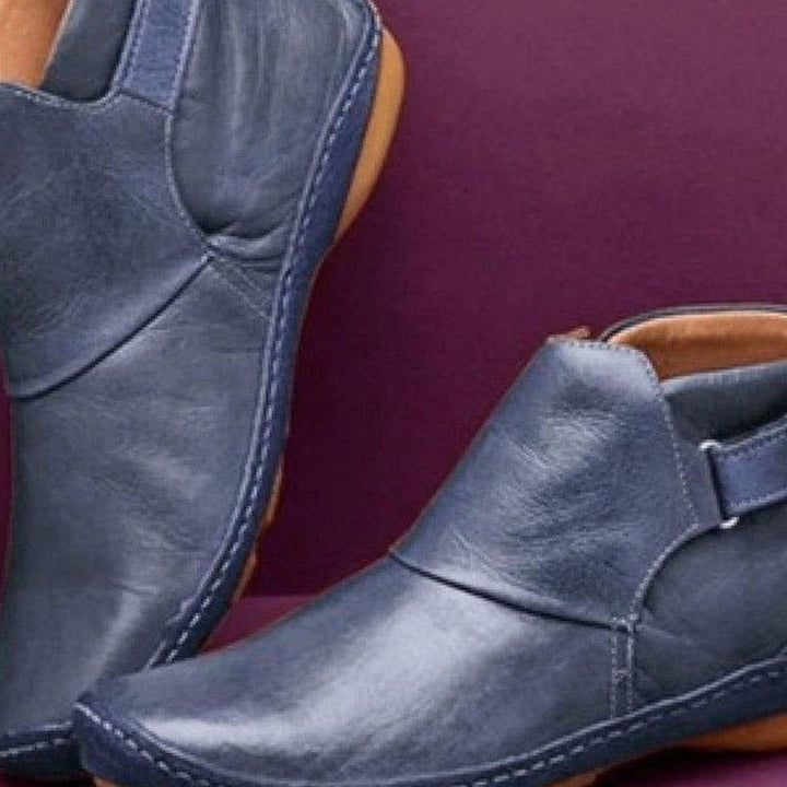 Women's Leather Ankle Boots Adjustable Strap Flat Sole - Navy Blue