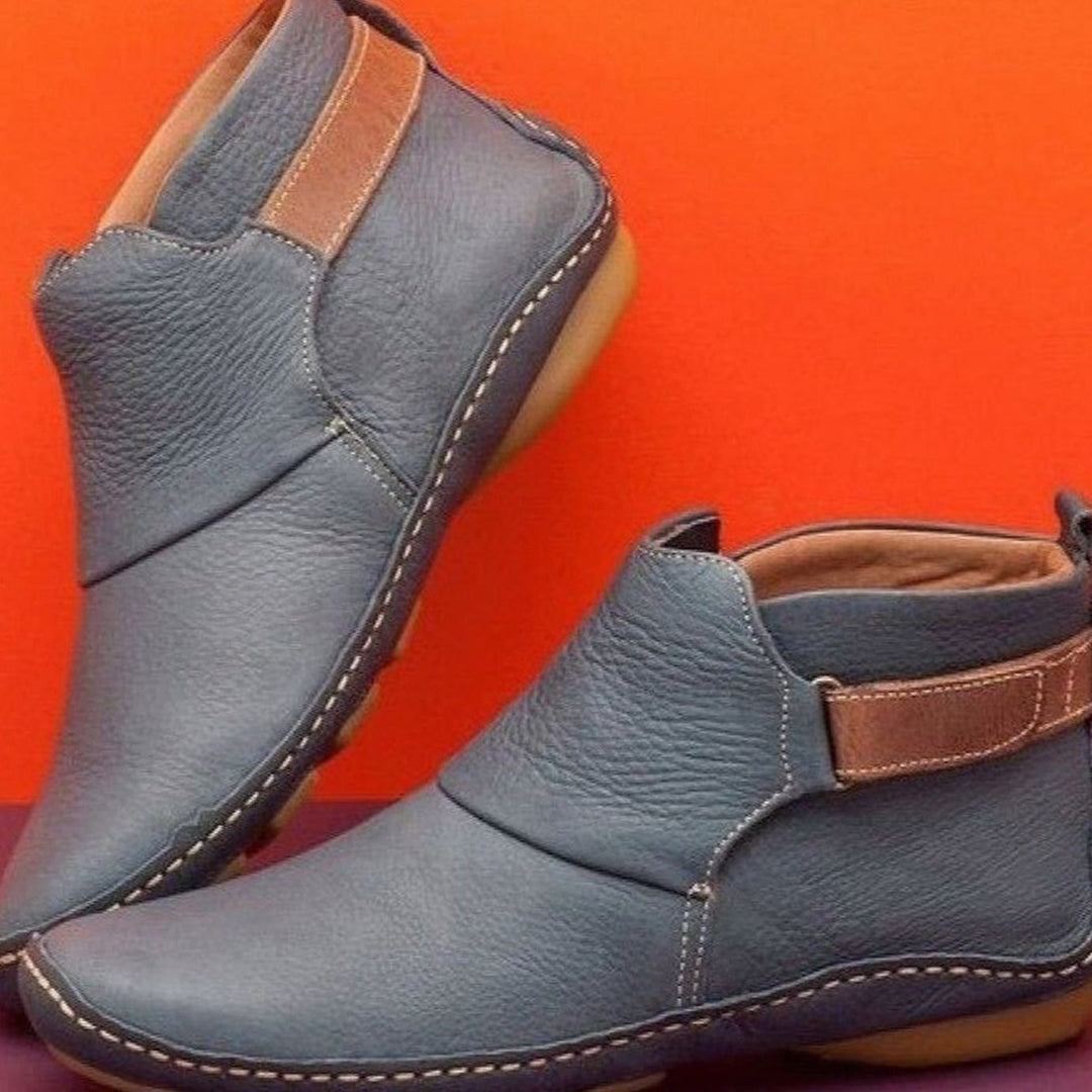 Women's Leather Ankle Boots Adjustable Strap Flat Sole - Grey
