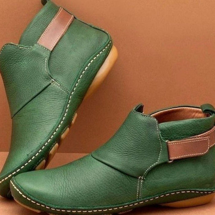Women's Leather Ankle Boots Adjustable Strap Flat Sole - Dark Green