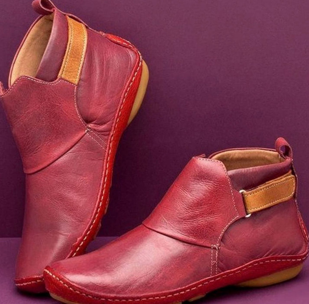 Women's Leather Ankle Boots Adjustable Strap Flat Sole - Red