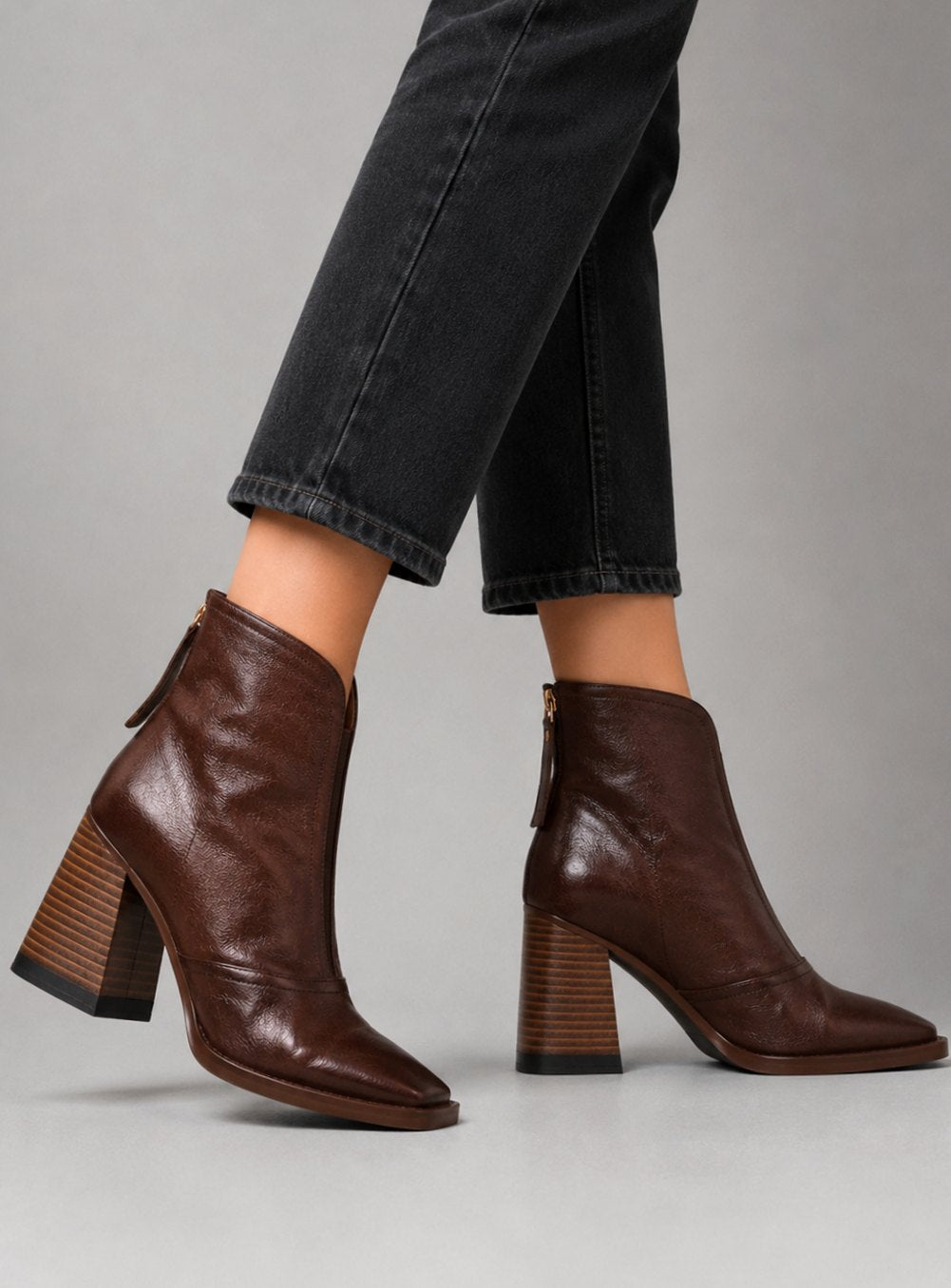 Women's Leather Ankle Boots Block Heel Square Toe