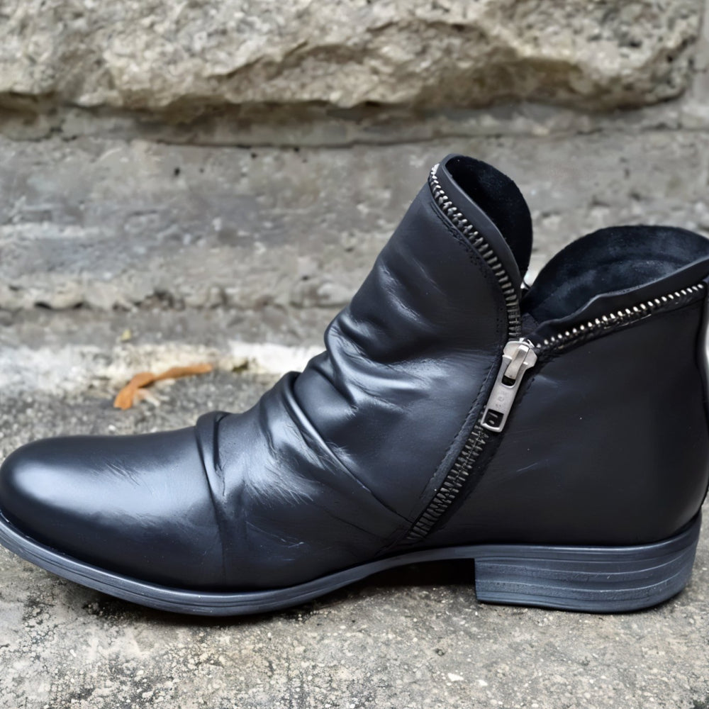 Women's Leather Ankle Boots Ruched Side-Zip Low Heel - Black