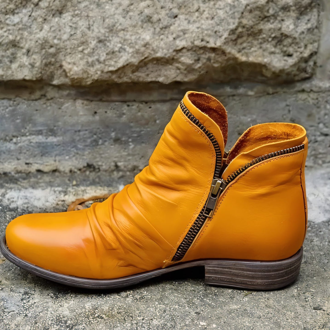 Women's Leather Ankle Boots Ruched Side-Zip Low Heel - Yellow