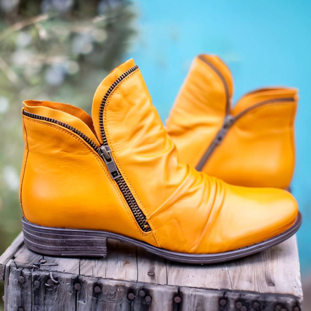 Women's Leather Ankle Boots Ruched Side-Zip Low Heel