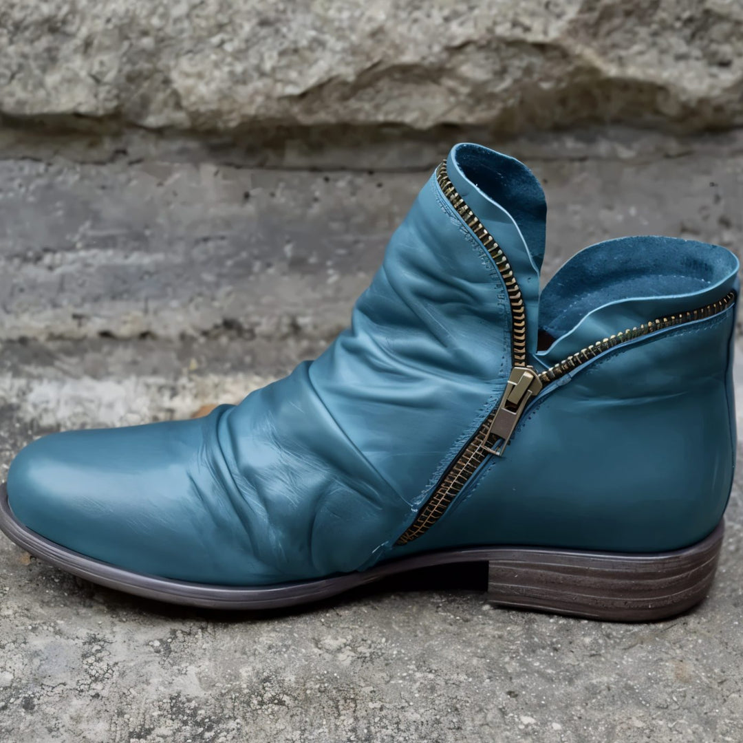 Women's Leather Ankle Boots Ruched Side-Zip Low Heel - Blue