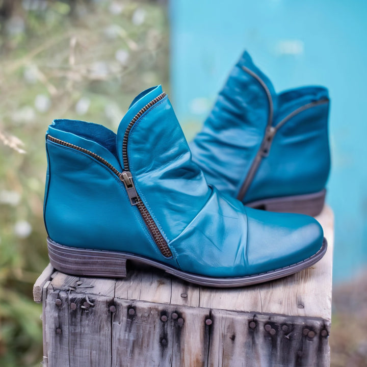 Women's Leather Ankle Boots Ruched Side-Zip Low Heel