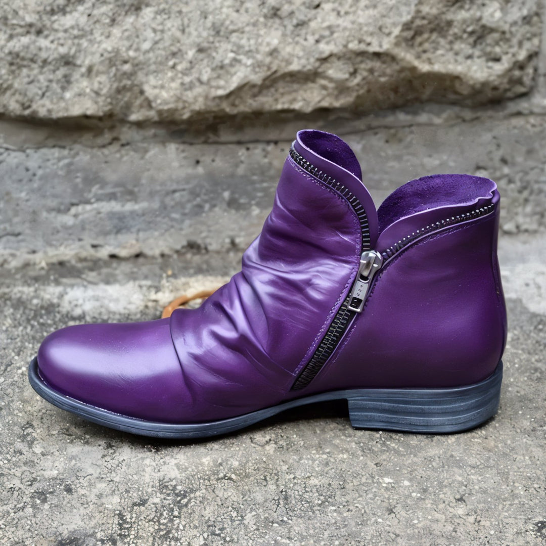 Women's Leather Ankle Boots Ruched Side-Zip Low Heel - Violet