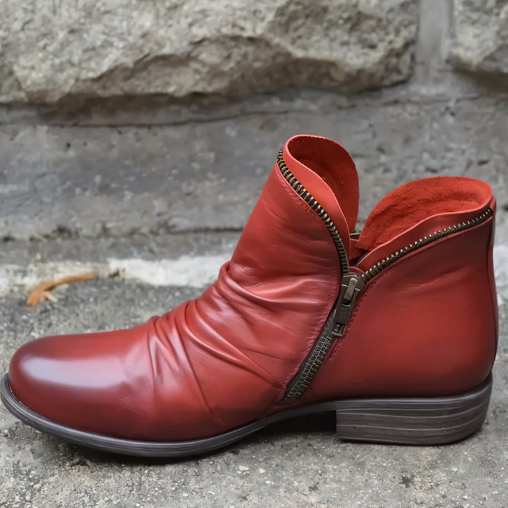 Women's Leather Ankle Boots Ruched Side-Zip Low Heel - Red
