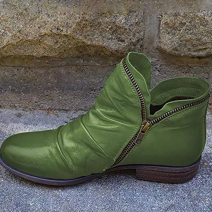 Women's Leather Ankle Boots Ruched Side-Zip Low Heel - Green