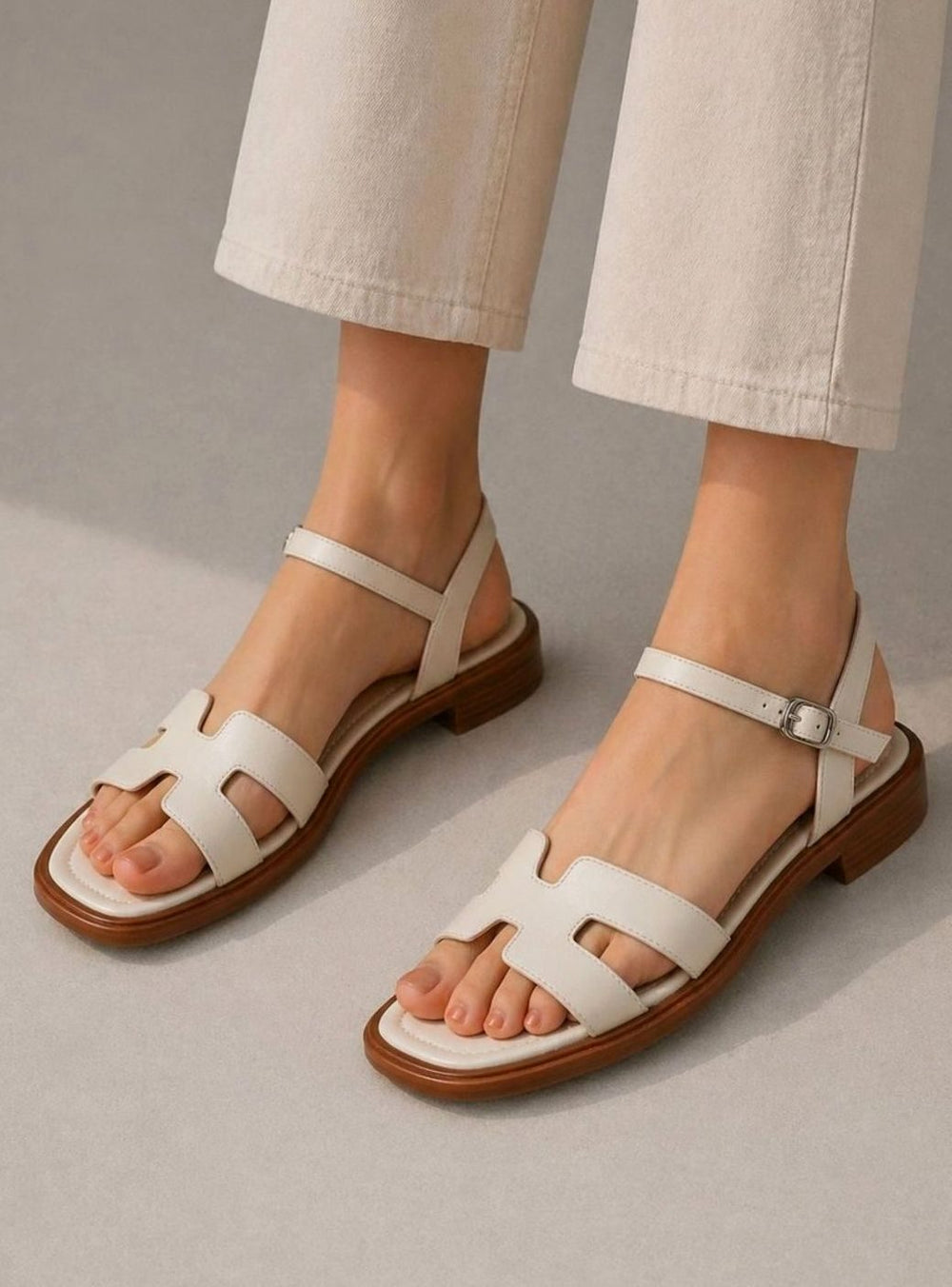Women's Leather Ankle Strap Flat Sandals H-Bar Buckle