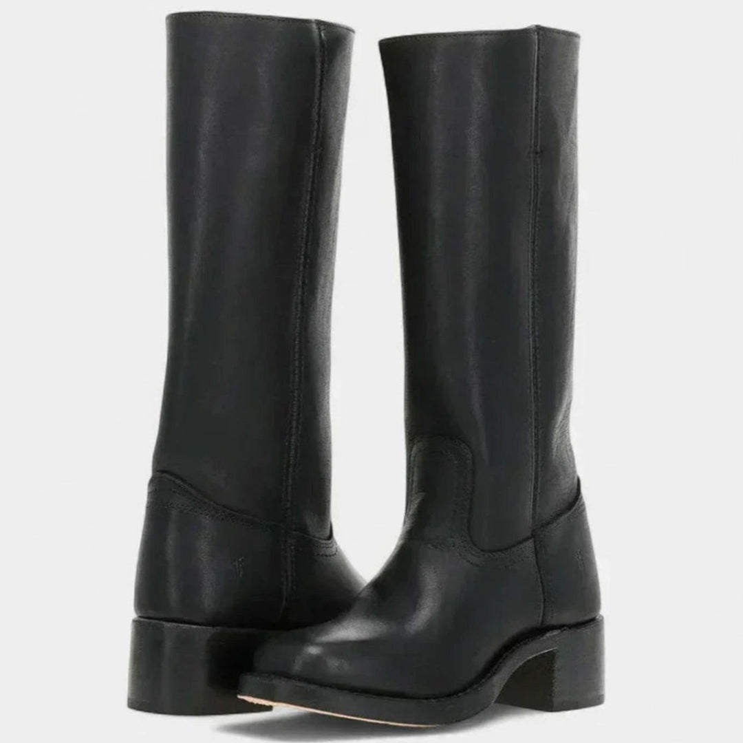 Women's Leather Black Knee-High Western Comfort Boots - Black