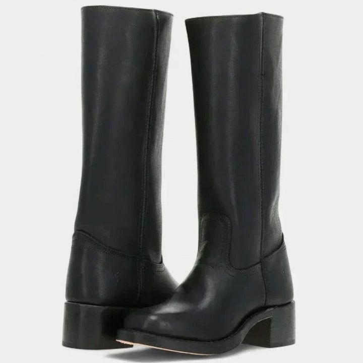 Women's Leather Black Knee-High Western Comfort Boots - Black