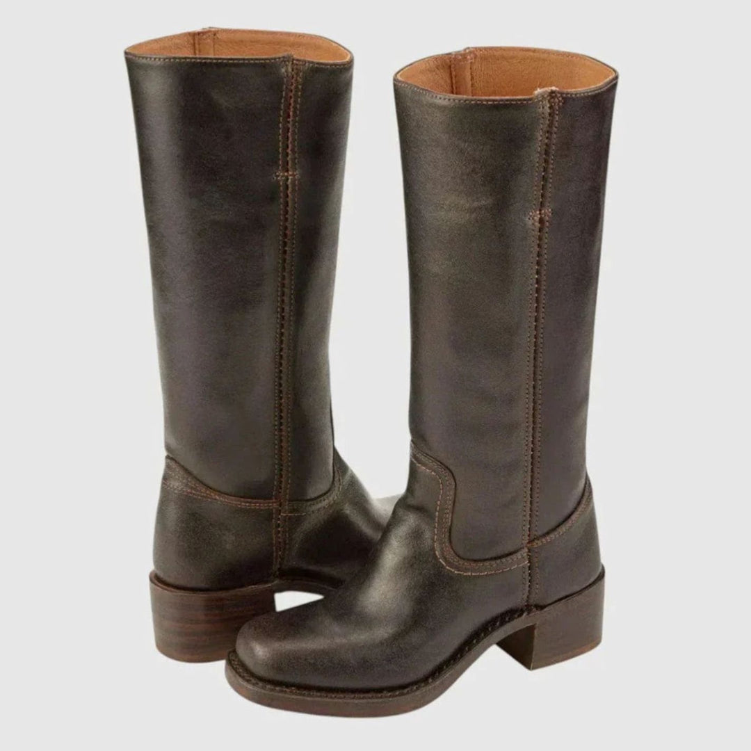 Women's Leather Black Knee-High Western Comfort Boots - Dark Brown