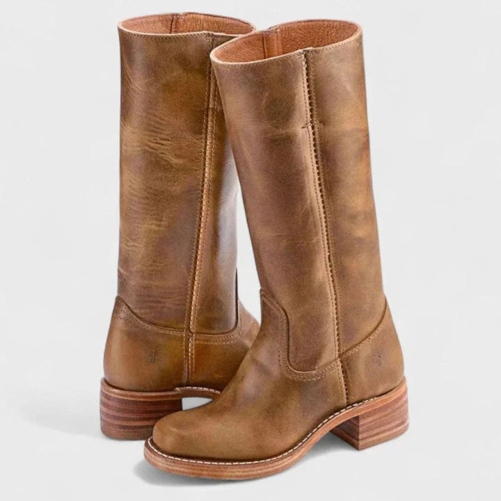 Women's Leather Black Knee-High Western Comfort Boots - Light Brown