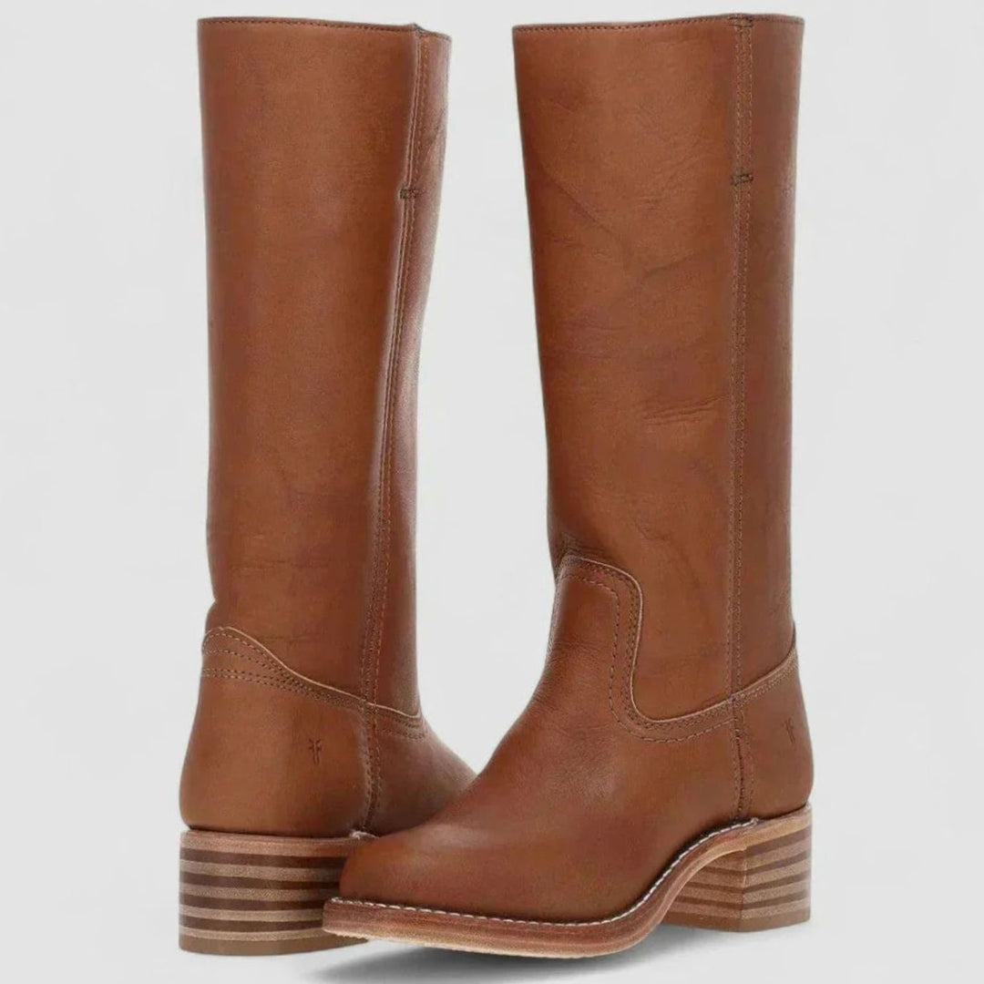 Women's Leather Black Knee-High Western Comfort Boots - Brown