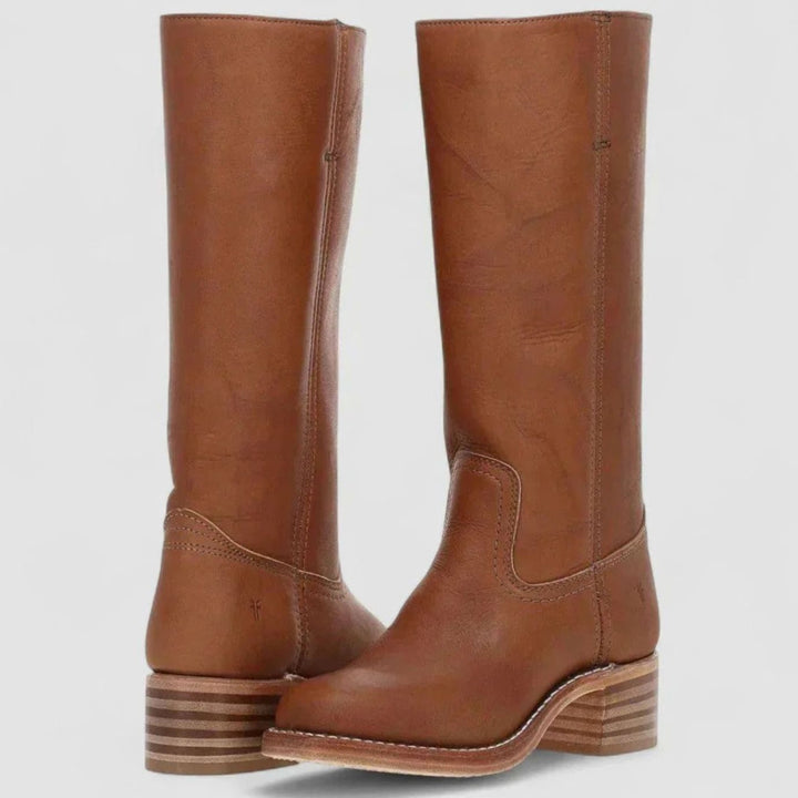 Women's Leather Black Knee-High Western Comfort Boots - Brown