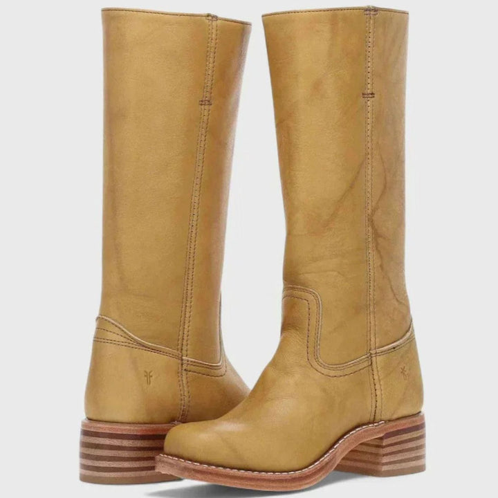 Women's Leather Black Knee-High Western Comfort Boots - Yellow