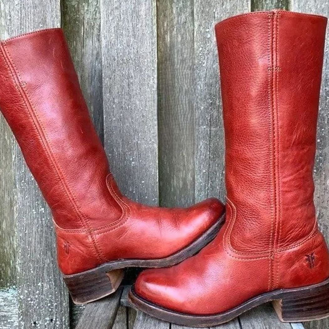 Women's Leather Black Knee-High Western Comfort Boots - Red