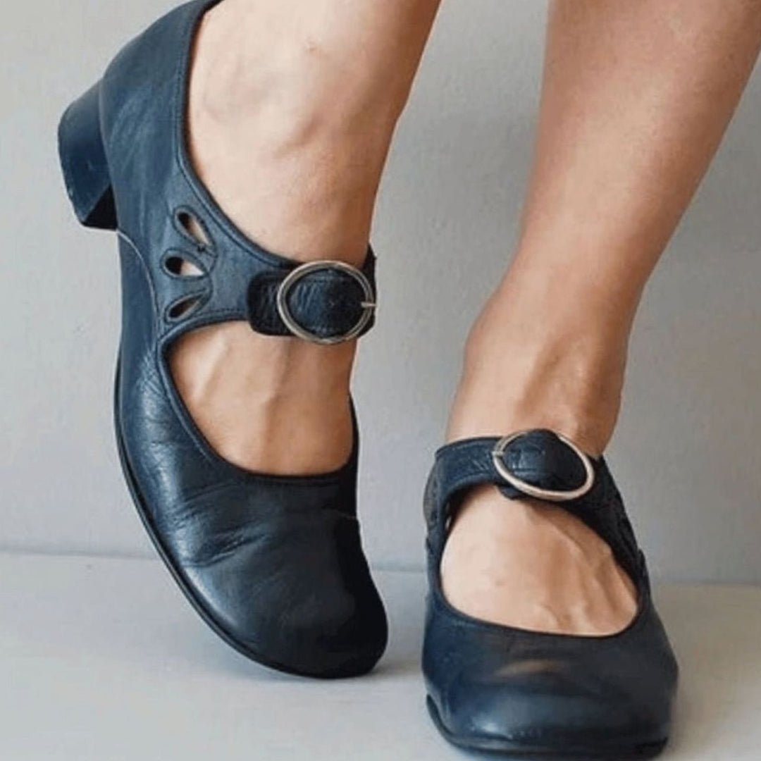 Women's Leather Block-Heel Buckle-Strap Mary Jane Shoes
