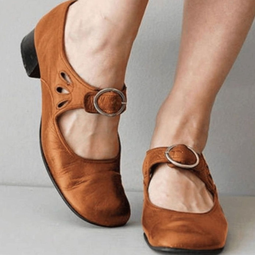 Women's Leather Block-Heel Buckle-Strap Mary Jane Shoes