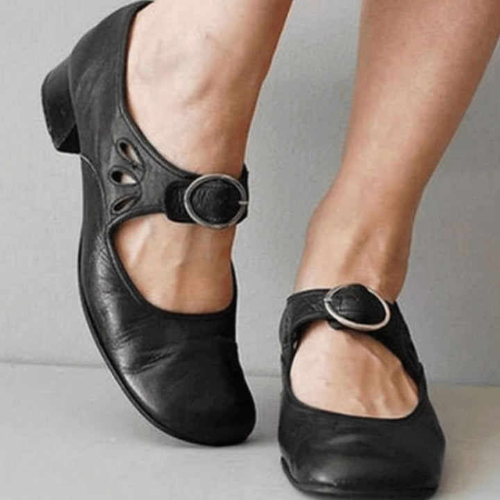 Women's Leather Block-Heel Buckle-Strap Mary Jane Shoes