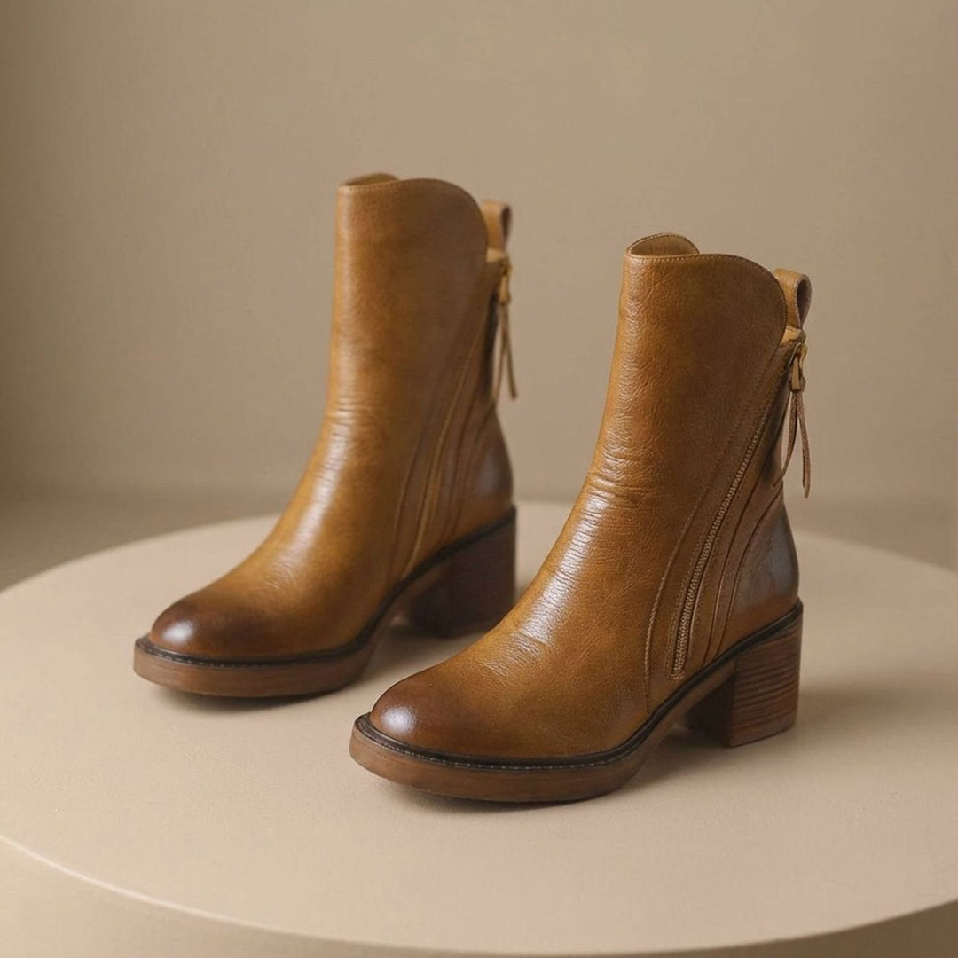 Women's Leather Block-Heel Side-Zip Ankle Boots