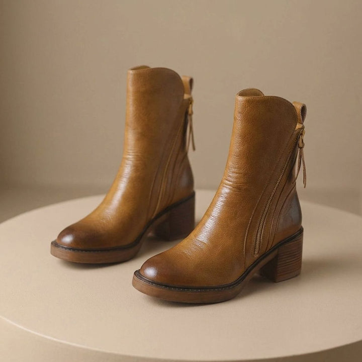 Women's Leather Block-Heel Side-Zip Ankle Boots
