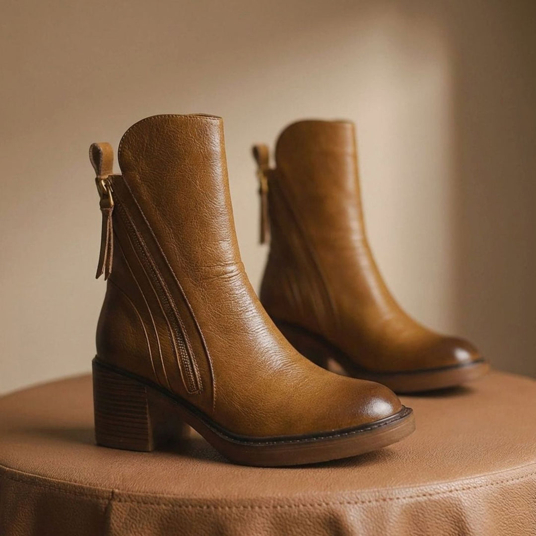 Women's Leather Block-Heel Side-Zip Ankle Boots