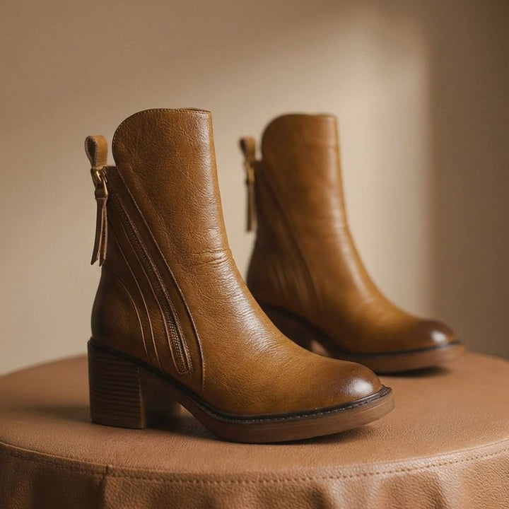 Women's Leather Block-Heel Side-Zip Ankle Boots