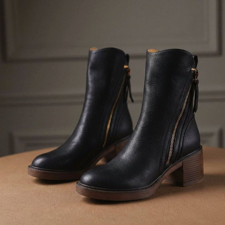 Women's Leather Block-Heel Side-Zip Ankle Boots