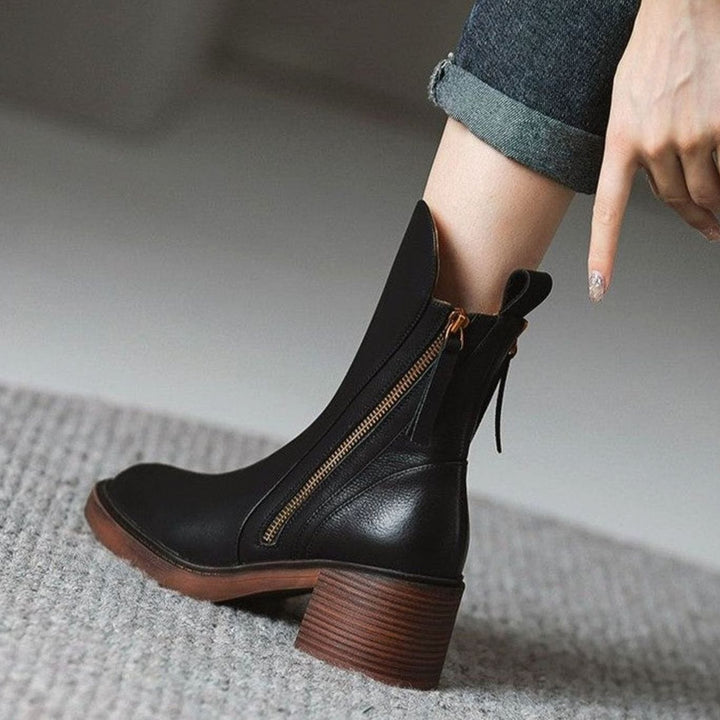 Women's Leather Block-Heel Side-Zip Ankle Boots