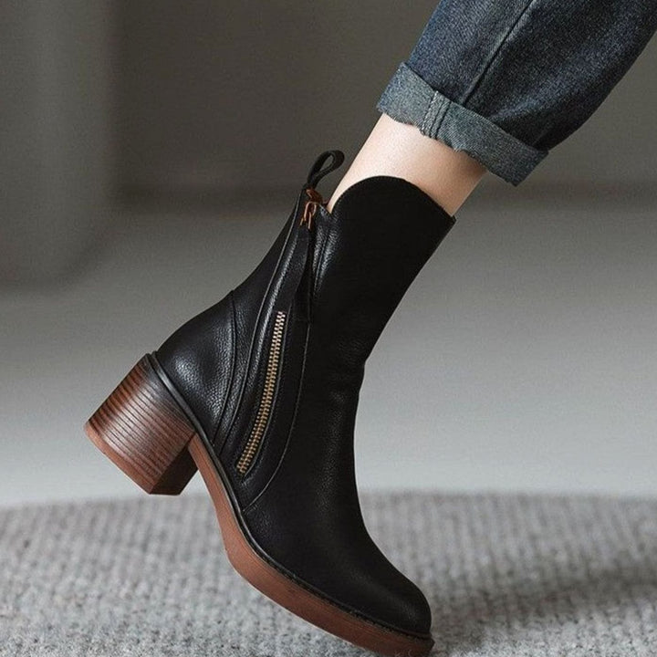 Women's Leather Block-Heel Side-Zip Ankle Boots