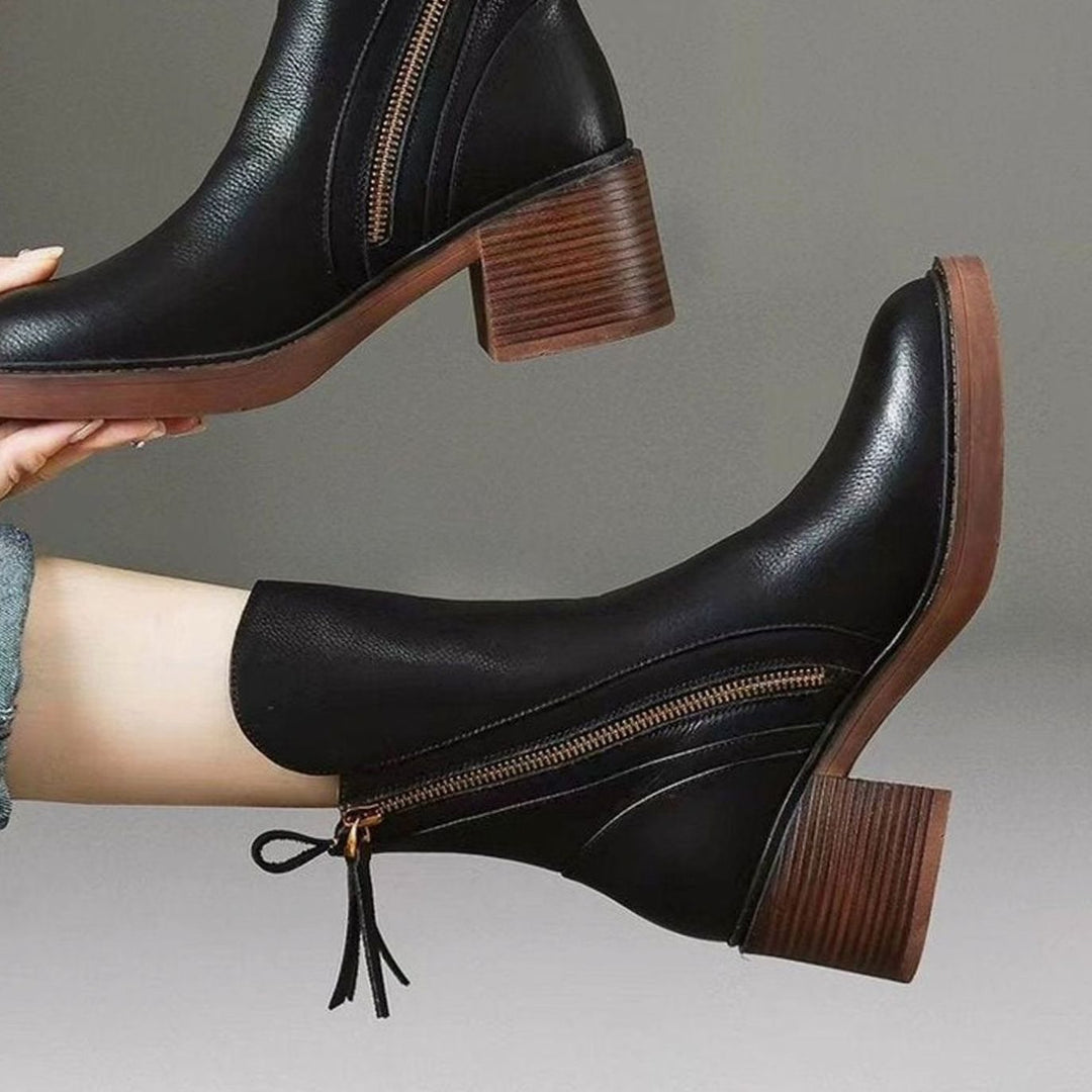 Women's Leather Block-Heel Side-Zip Ankle Boots