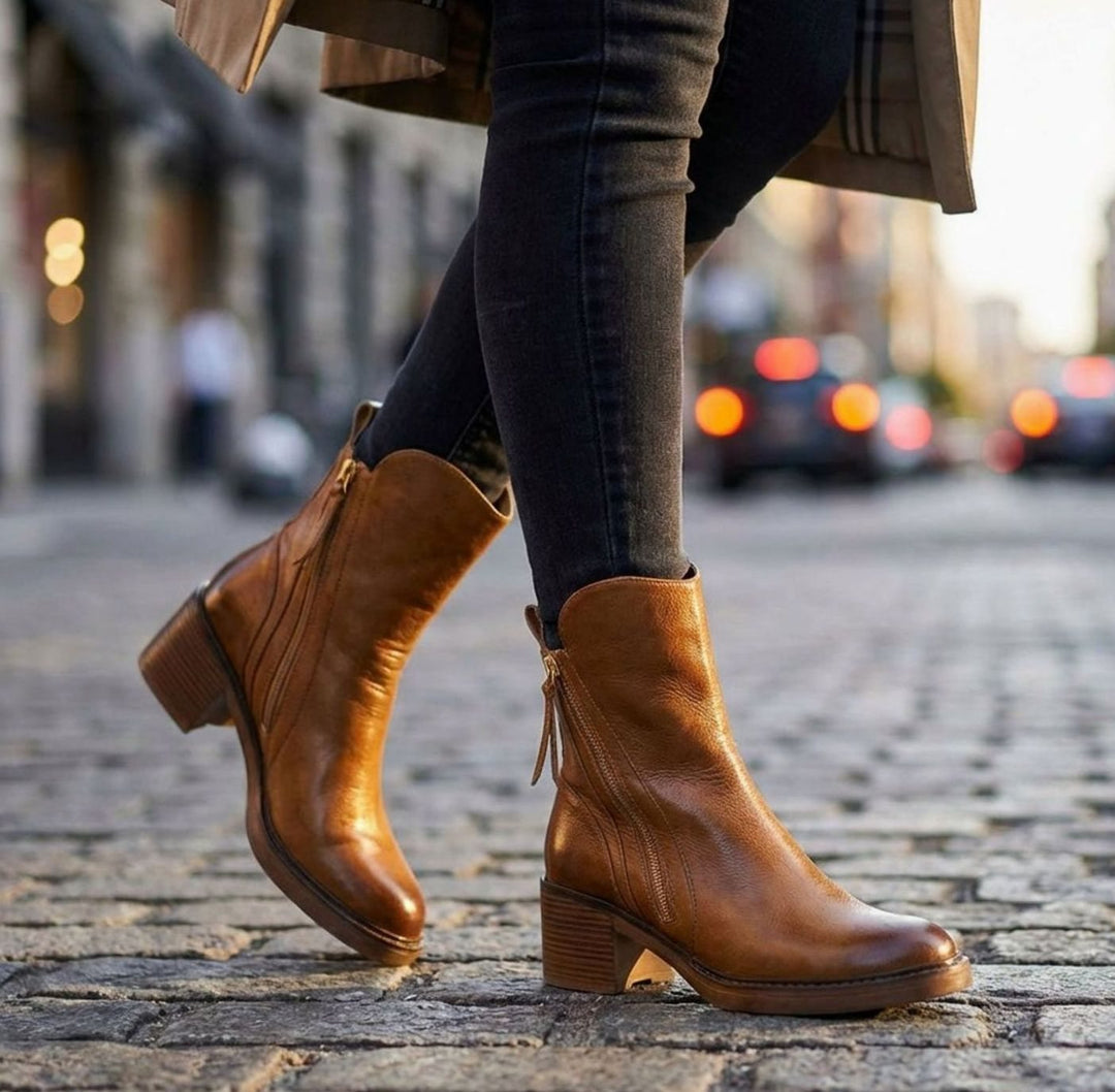 Women's Leather Block-Heel Side-Zip Ankle Boots