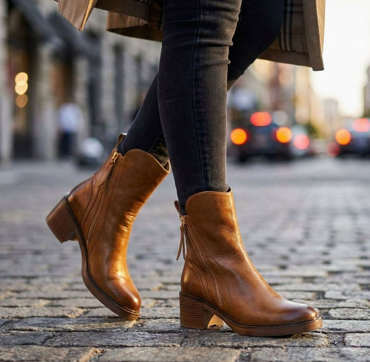 Women's Leather Block-Heel Side-Zip Ankle Boots