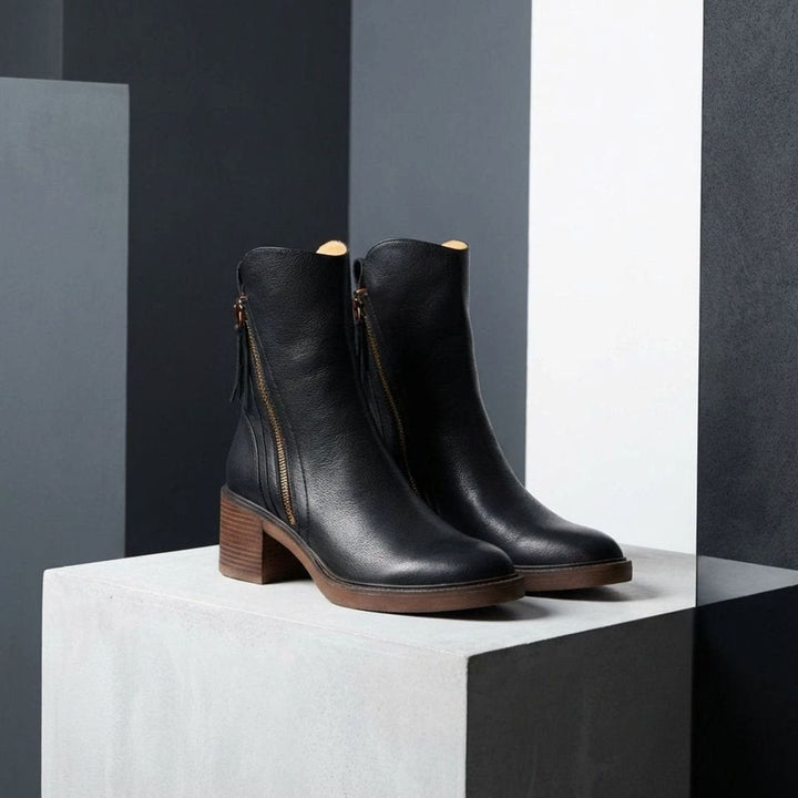 Women's Leather Block-Heel Side-Zip Ankle Boots