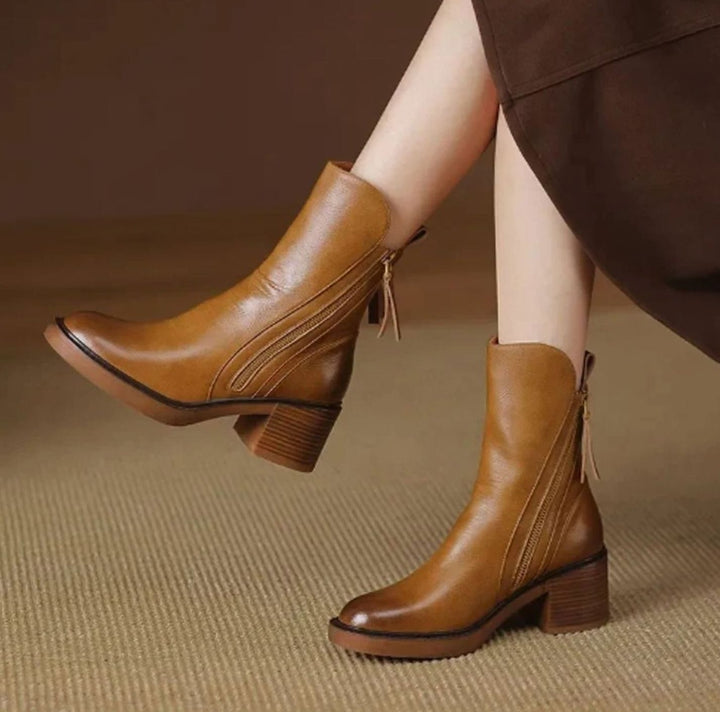 Women's Leather Block-Heel Side-Zip Ankle Boots, Tan - Brown