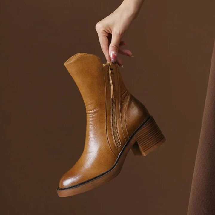 Women's Leather Block-Heel Side-Zip Ankle Boots, Tan