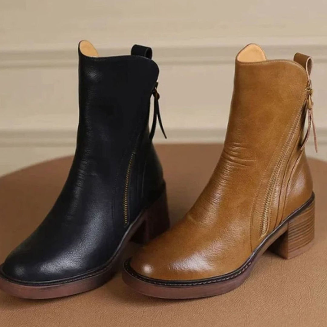 Women's Leather Block-Heel Side-Zip Ankle Boots, Tan