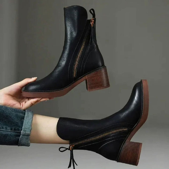 Women's Leather Block-Heel Side-Zip Ankle Boots, Tan - Black