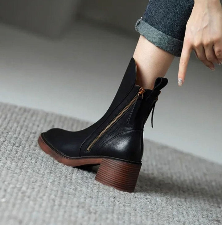 Women's Leather Block-Heel Side-Zip Ankle Boots, Tan