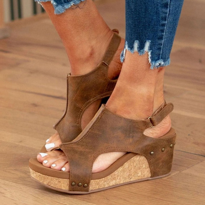 Women's Leather Cork Wedge Peep-Toe Summer Sandals - Brown