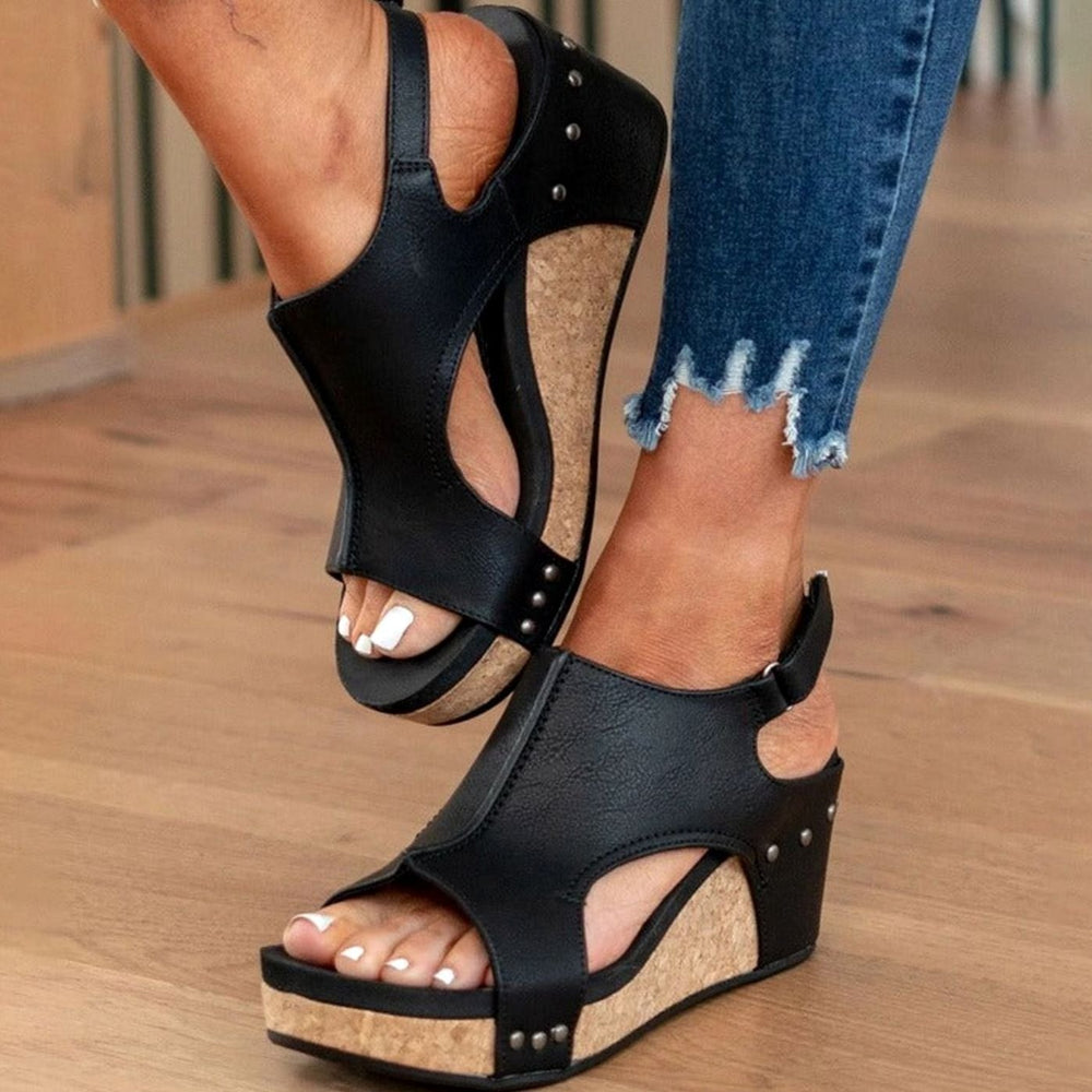 Women's Leather Cork Wedge Peep-Toe Summer Sandals