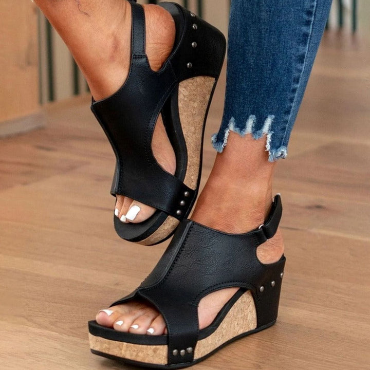Women's Leather Cork Wedge Peep-Toe Summer Sandals