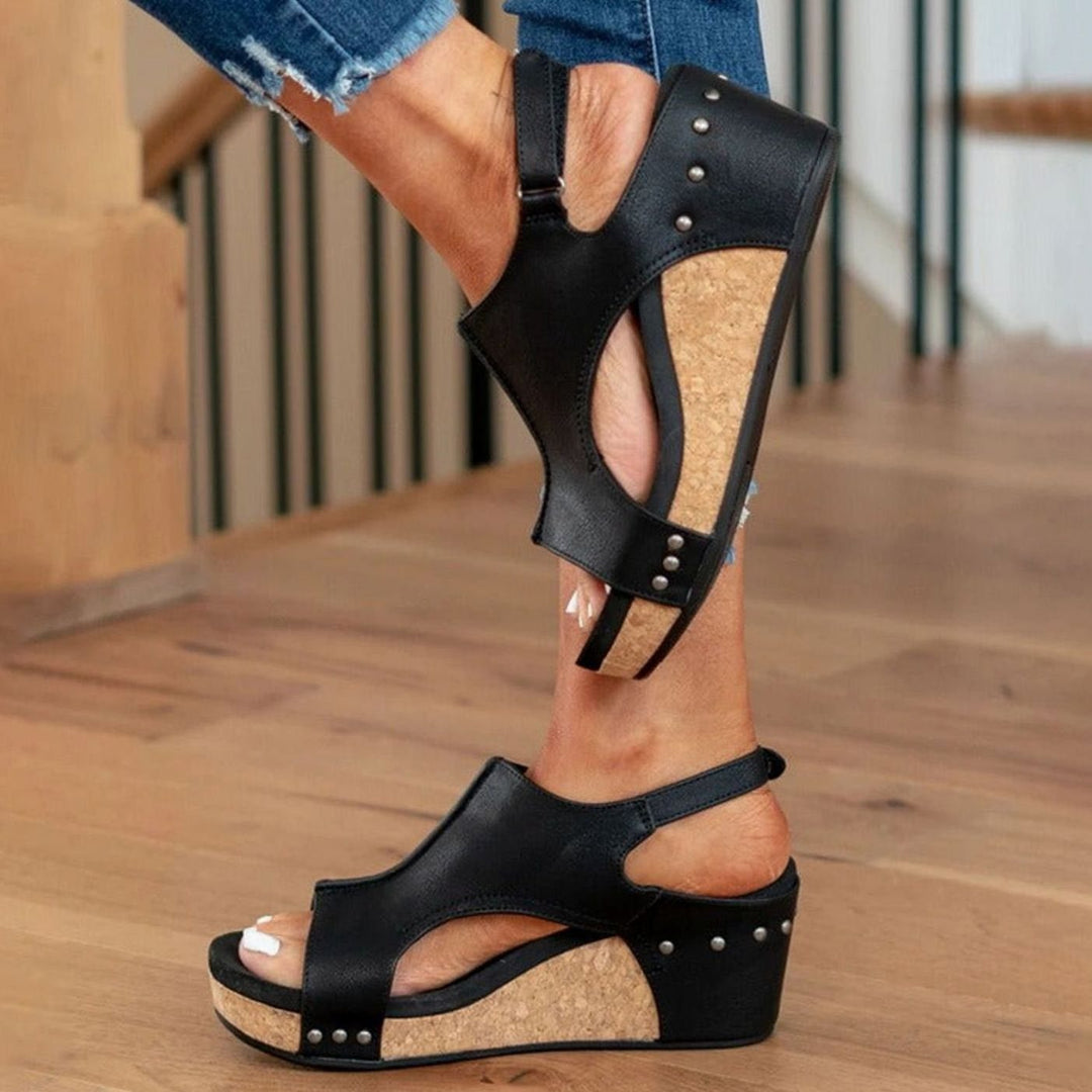 Women's Leather Cork Wedge Peep-Toe Summer Sandals