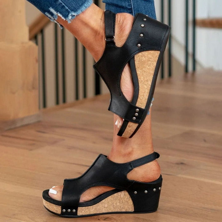 Women's Leather Cork Wedge Peep-Toe Summer Sandals